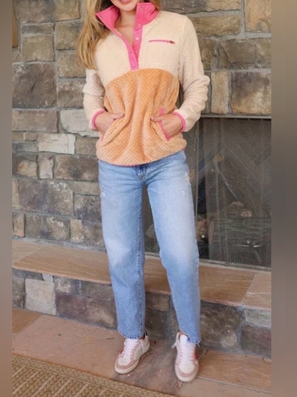 Women's Cream & Tan Sherpa Pullover fleece with Pink Trim